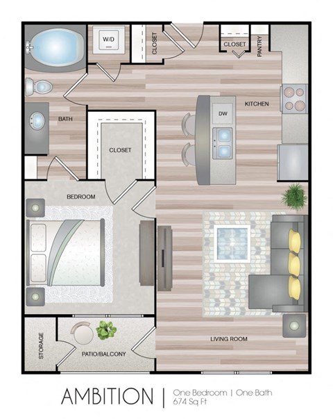 Floor plan for 1 bed, 1 bath, 674 sqft